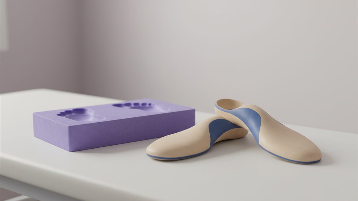 Custom-moulded orthotic insoles beside a foam foot impression box in a clinic